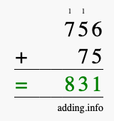 Calculate 756 + 75 using long addition