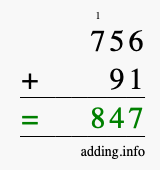 Calculate 756 + 91 using long addition