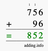 Calculate 756 + 96 using long addition