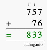 Calculate 757 + 76 using long addition