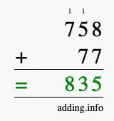 Calculate 758 + 77 using long addition