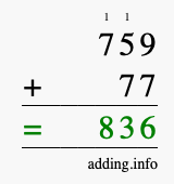 Calculate 759 + 77 using long addition