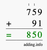Calculate 759 + 91 using long addition
