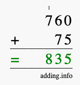Calculate 760 + 75 using long addition