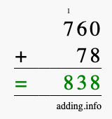 Calculate 760 + 78 using long addition