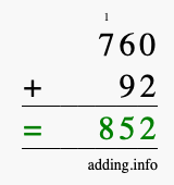 Calculate 760 + 92 using long addition