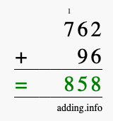 Calculate 762 + 96 using long addition