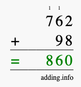 Calculate 762 + 98 using long addition