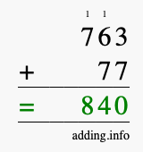 Calculate 763 + 77 using long addition