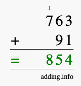 Calculate 763 + 91 using long addition