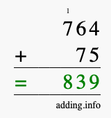 Calculate 764 + 75 using long addition