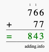 Calculate 766 + 77 using long addition