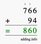 Calculate 766 + 94 using long addition