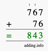 Calculate 767 + 76 using long addition