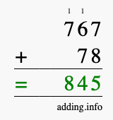 Calculate 767 + 78 using long addition