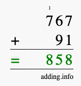Calculate 767 + 91 using long addition