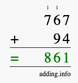 Calculate 767 + 94 using long addition