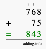 Calculate 768 + 75 using long addition