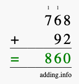 Calculate 768 + 92 using long addition