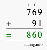 Calculate 769 + 91 using long addition