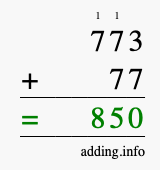 Calculate 773 + 77 using long addition