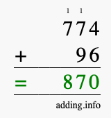 Calculate 774 + 96 using long addition
