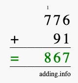 Calculate 776 + 91 using long addition
