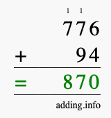 Calculate 776 + 94 using long addition