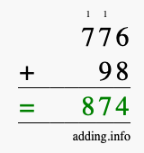 Calculate 776 + 98 using long addition