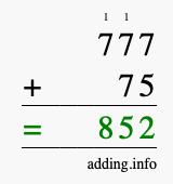 Calculate 777 + 75 using long addition