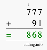Calculate 777 + 91 using long addition