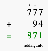 Calculate 777 + 94 using long addition
