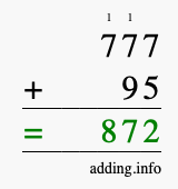 Calculate 777 + 95 using long addition
