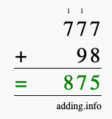 Calculate 777 + 98 using long addition