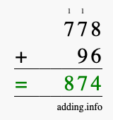 Calculate 778 + 96 using long addition