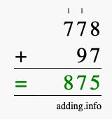 Calculate 778 + 97 using long addition