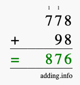 Calculate 778 + 98 using long addition