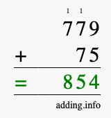 Calculate 779 + 75 using long addition