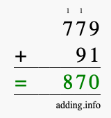 Calculate 779 + 91 using long addition