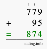 Calculate 779 + 95 using long addition