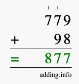 Calculate 779 + 98 using long addition