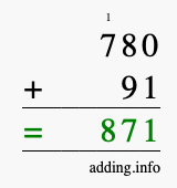 Calculate 780 + 91 using long addition