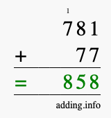 Calculate 781 + 77 using long addition