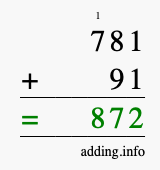 Calculate 781 + 91 using long addition