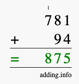 Calculate 781 + 94 using long addition