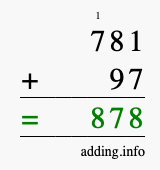 Calculate 781 + 97 using long addition