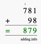 Calculate 781 + 98 using long addition