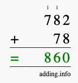 Calculate 782 + 78 using long addition