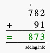 Calculate 782 + 91 using long addition