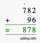 Calculate 782 + 96 using long addition